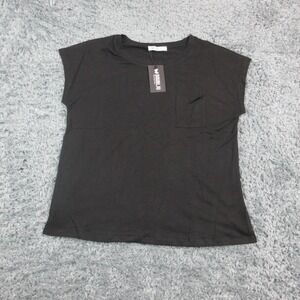 Doublju Shirt Womens XL Black Cap Sleeve Crew Neck Pocket Basic Tee NWT